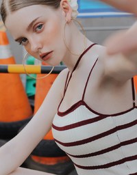 Striped Ribbed Knit Spaghetti Strap Halter Padded Crop Top