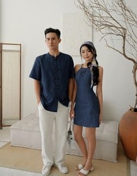 Men’s Cheongsam Short Sleeve Jeans Denim Cheongsam Qipao Shirt with Knot Button Detail