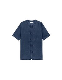 Men’s Cheongsam Short Sleeve Jeans Denim Cheongsam Qipao Shirt with Knot Button Detail