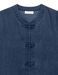 Men’s Cheongsam Short Sleeve Jeans Denim Cheongsam Qipao Shirt with Knot Button Detail