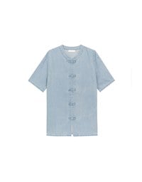 Men’s Cheongsam Short Sleeve Jeans Denim Cheongsam Qipao Shirt with Knot Button Detail