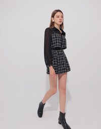 Tweed Style Checkered Panel Layered Button Front Shirt Blouse