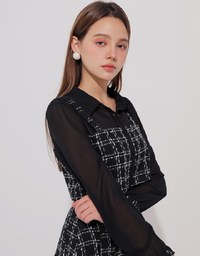 Tweed Style Checkered Panel Layered Button Front Shirt Blouse