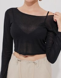 Round Neck Sheer Mesh Long Sleeve Cropped Top