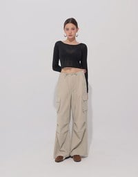 Round Neck Sheer Mesh Long Sleeve Cropped Top