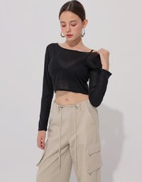 Round Neck Sheer Mesh Long Sleeve Cropped Top