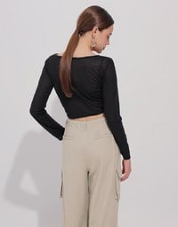Round Neck Sheer Mesh Long Sleeve Cropped Top