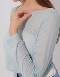 Round Neck Sheer Mesh Long Sleeve Cropped Top