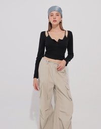 Faux 2 Piece Ribbed Knit Lace Trim Long Sleeve Crop Top