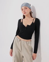Faux 2 Piece Ribbed Knit Lace Trim Long Sleeve Crop Top