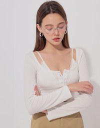 Faux 2 Piece Ribbed Knit Lace Trim Long Sleeve Crop Top
