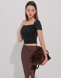 Mesh Panel Ruched Square Neck Ribbed Knit Crop Top