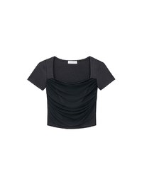 Mesh Panel Ruched Square Neck Ribbed Knit Crop Top