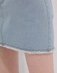 Metal Studded Distressed Hem Jeans Denim Mini Skirt