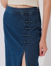 Qipao Skirt High Waist Side Slit Jeans Denim Cheongsam Qipao Maxi Skirt with Knot Button Detail