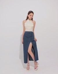 Qipao Skirt High Waist Side Slit Jeans Denim Cheongsam Qipao Maxi Skirt with Knot Button Detail