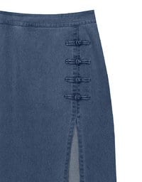 Qipao Skirt High Waist Side Slit Jeans Denim Cheongsam Qipao Maxi Skirt with Knot Button Detail