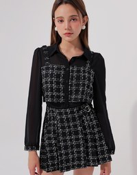 Tweed Style Checkered Mini Skirt with Side Buckle
