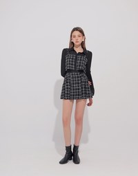 Tweed Style Checkered Mini Skirt with Side Buckle