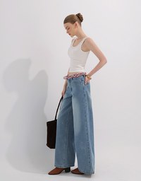 Mid Rise Vintage Washed Wide Leg Jeans Denim Pants