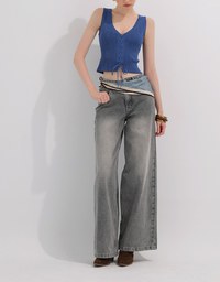 Mid Rise Vintage Washed Wide Leg Jeans Denim Pants