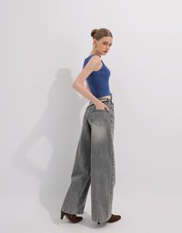 Mid Rise Vintage Washed Wide Leg Jeans Denim Pants