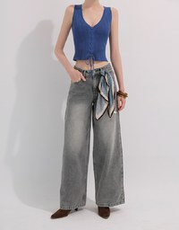 Mid Rise Vintage Washed Wide Leg Jeans Denim Pants