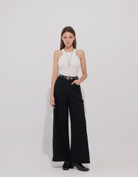 Frayed Hem Wide Leg Jeans Denim Pants with Distressed Detail