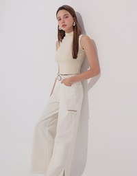 Frayed Hem Wide Leg Jeans Denim Pants with Distressed Detail