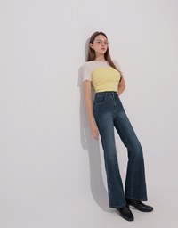 High Waist Double Button Flared Jeans Denim Pants