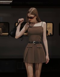 Belted Spaghetti Strap Pocket Pleated Cami Mini Dress
