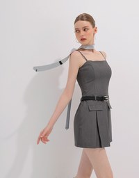 Belted Spaghetti Strap Pocket Pleated Cami Mini Dress