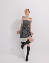 Belted Spaghetti Strap Pocket Pleated Cami Mini Dress