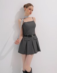 Belted Spaghetti Strap Pocket Pleated Cami Mini Dress