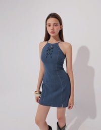 Qipao Dress Jeans Denim Cheongsam Qipao Halter Mini Dress with Bow Tie Detail