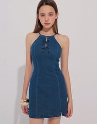 Qipao Dress Jeans Denim Cheongsam Qipao Halter Mini Dress with Bow Tie Detail