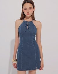 Qipao Dress Jeans Denim Cheongsam Qipao Halter Mini Dress with Bow Tie Detail
