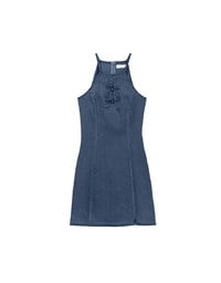 Qipao Dress Jeans Denim Cheongsam Qipao Halter Mini Dress with Bow Tie Detail