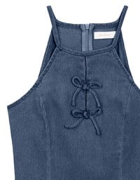 Qipao Dress Jeans Denim Cheongsam Qipao Halter Mini Dress with Bow Tie Detail