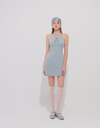Qipao Dress Jeans Denim Cheongsam Qipao Halter Mini Dress with Bow Tie Detail
