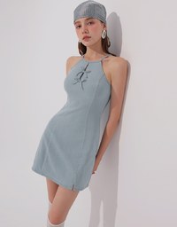 Qipao Dress Jeans Denim Cheongsam Qipao Halter Mini Dress with Bow Tie Detail