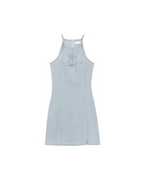 Qipao Dress Jeans Denim Cheongsam Qipao Halter Mini Dress with Bow Tie Detail