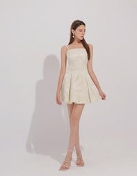 Qipao Dress Floral Jacquard Pleated Cheongsam Qipao Cami Mini Dress with Pearl Button Detail