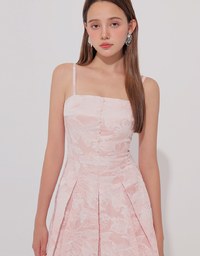 Qipao Dress Floral Jacquard Pleated Cheongsam Qipao Cami Mini Dress with Pearl Button Detail