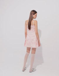 Qipao Dress Floral Jacquard Pleated Cheongsam Qipao Cami Mini Dress with Pearl Button Detail