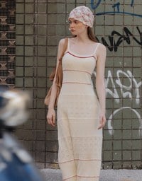 Contrast Trim Argyle Textured Knit Spaghetti Strap Padded Maxi Dress