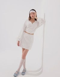 Lace Trim Drawstring Sleeve Cropped Cardigan and Elastic Waist A Line Mini Skirt Set Wear