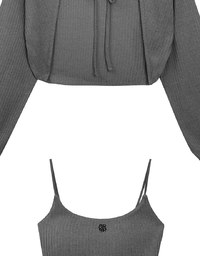 Cropped Knit Tie Front Cardigan with AIR SPACE Logo Embroidered Cami Padded Top Set Wear