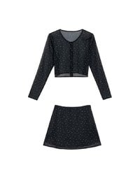 Sheer Mesh Dot Print Cropped Cardigan and Matching Mini Skirt Set Wear