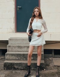Sheer Mesh Dot Print Cropped Cardigan and Matching Mini Skirt Set Wear